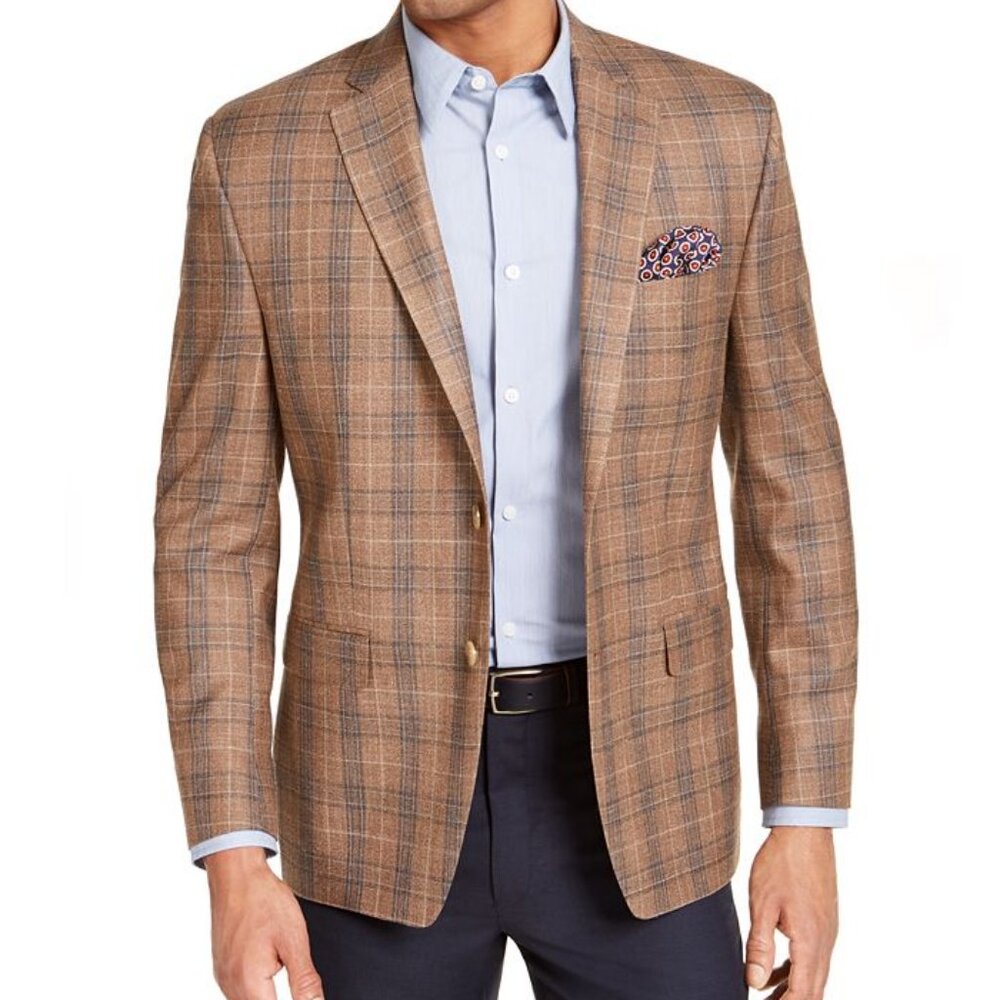 Ralph Lauren Ultraflex Plaid 44R Light Brown Plaid Sport Coat Blazer NWT